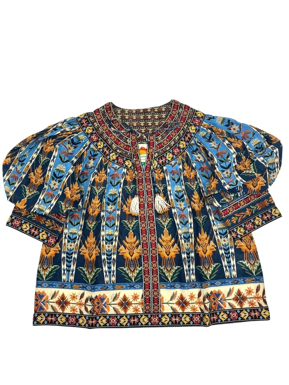 NWT FARM Rio Embroidered Tapestry Blue Short Sleeve Blouse Size Medium